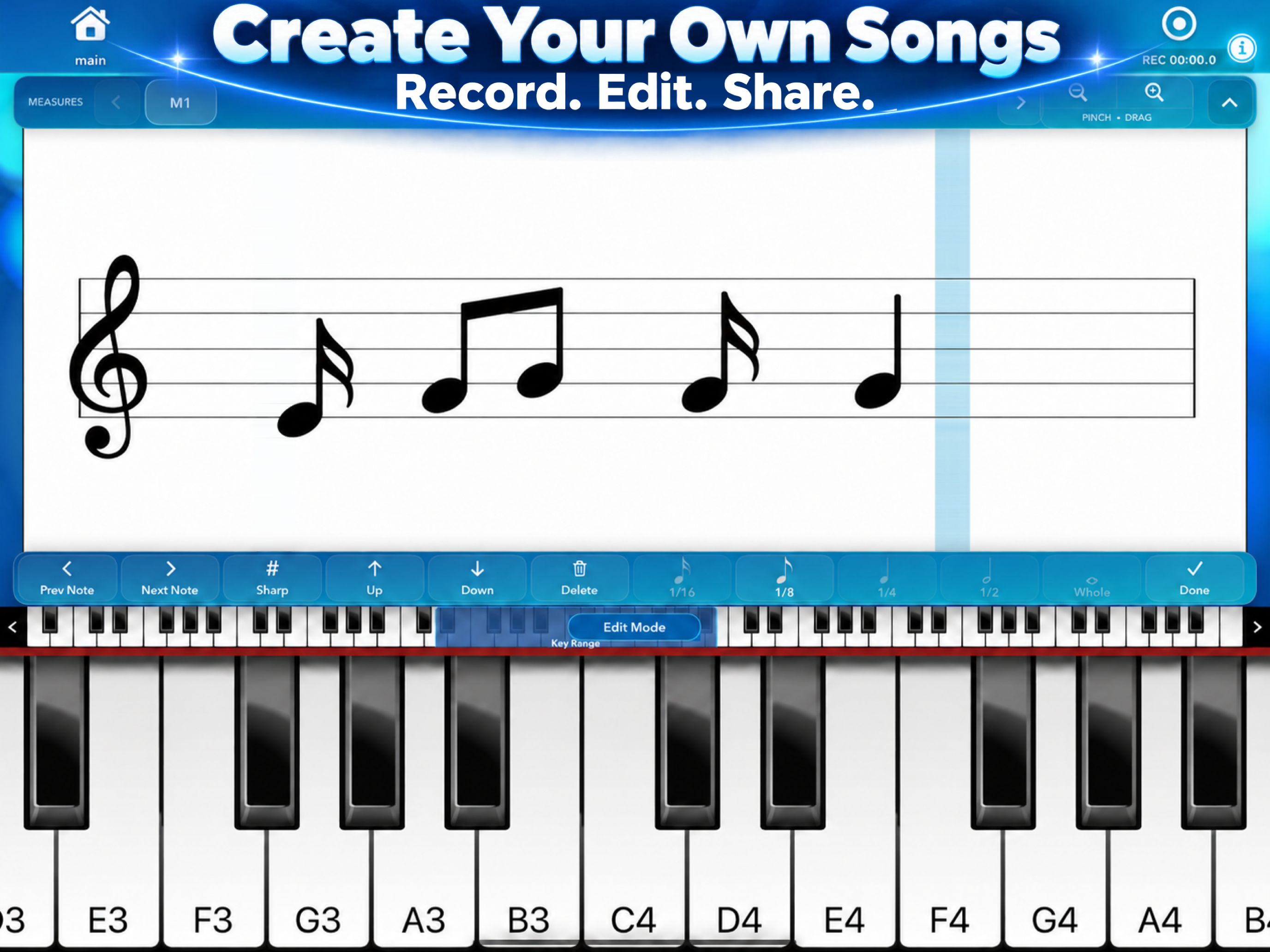 Piano with Songs recording and composition screen on iPad