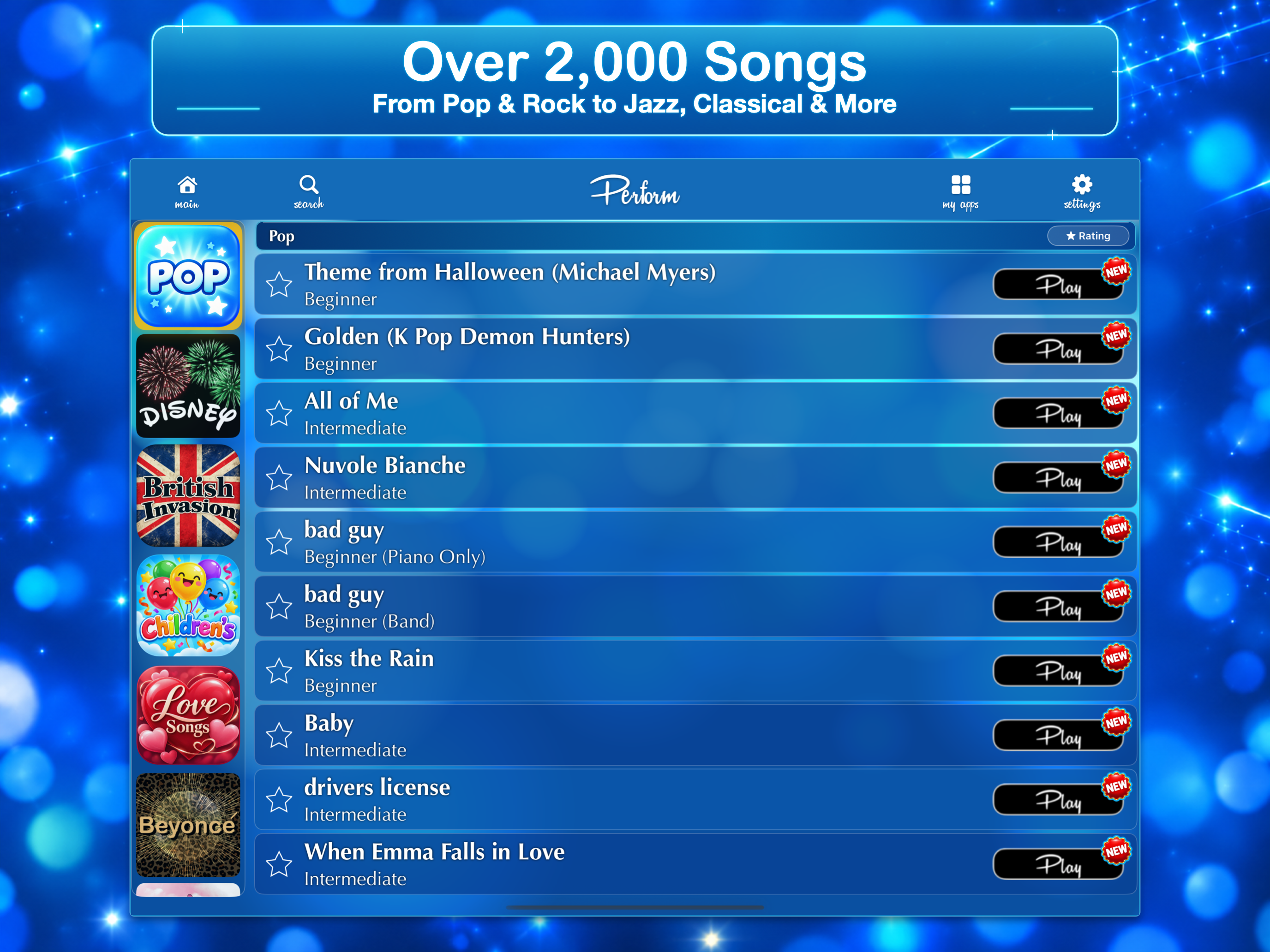 Piano with Songs song library on iPad